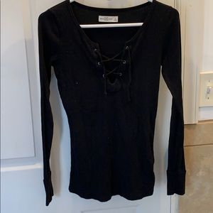 Ribbed lace up long sleeve top